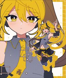 Rule 34 | 1girl, akita neru, bare shoulders, black skirt, black sleeves, black thighhighs, blonde hair, bright pupils, character background, closed mouth, clothing cutout, collared shirt, commentary request, danjou sora, detached sleeves, grey shirt, hair between eyes, highres, looking at viewer, middle finger, navel, navel cutout, necktie, number tattoo, open mouth, over-kneehighs, pleated skirt, red tattoo, shirt, shoulder tattoo, side ponytail, skirt, sleeveless, sleeveless shirt, solo, tattoo, thighhighs, vocaloid, white pupils, yellow eyes, yellow necktie