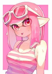 1girl :p armpit_crease bare_shoulders blush breasts cleavage closed_mouth eyewear_on_head inkling inkling_girl inkling_player_character kodak_painter large_breasts long_hair looking_at_viewer nintendo pink_eyes pink_hair pink_tank_top pointy_ears solo splatoon_(series) striped_tank_top sunglasses sweat tank_top tentacle_hair tongue tongue_out two-tone_tank_top upper_body white-framed_eyewear white_tank_top