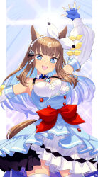 Rule 34 | + +, 1girl, :d, almond eye (umamusume), animal ears, arm up, armpits, bare shoulders, blue dress, blue eyes, blue gloves, blue hair, blunt bangs, bow, braid, breasts, brown hair, cleavage, collarbone, colored inner hair, commentary request, cowboy shot, detached sleeves, dress, fingerless gloves, frilled dress, frills, gloves, hair ornament, hairband, hairclip, highres, horse ears, horse girl, horse tail, itou (onsoku tassha), layered dress, long hair, looking at viewer, medium breasts, multicolored hair, open mouth, partial commentary, red bow, sidelocks, skindentation, sleeveless, sleeveless dress, smile, solo, standing, symbol-shaped pupils, tail, teeth, thighhighs, umamusume, upper teeth only, white hairband, white sleeves, white thighhighs, x-shaped pupils, zettai ryouiki