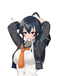 black_hair black_sailor_collar gloves highres holding holding_own_hair kantai_collection klashikari long_hair mouth_hold neckerchief orange_neckerchief ponytail red_eyes ribbon ribbon_in_mouth sailor_collar school_uniform serafuku sidelocks tying_hair very_long_hair white_gloves yahagi_(kancolle) yahagi_kai_ni_(kancolle)