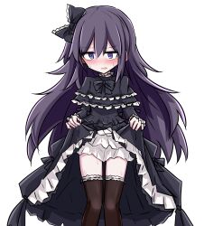 black_bow black_bowtie black_thighhighs blush bow bowtie closed_eyes clothes_lift dress duel_monster embarrassed frilled_dress frills ghost_belle_&amp;_haunted_mansion goth_fashion gothic_lolita highres kotokasu_(kumagaisinya) lifting_own_clothes lolita_fashion long_hair purple_eyes purple_hair shirt_lift thighhighs yu-gi-oh!