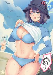 1girl aqua_hair beach bikini bird blue_archive blue_bikini blue_sky breasts bucket_hat cleavage cloud cloudy_sky commentary day doodle_sensei_(blue_archive) eyewear_on_head floral_print_bikini flower green_halo hair_flower hair_ornament hair_over_one_eye halo hat highres hiyori_(blue_archive) hiyori_(swimsuit)_(blue_archive) large_breasts long_hair long_sleeves navel ocean official_alternate_costume orange_bikini outdoors purple_hair raglan_sleeves rash_guard revolverwing saki_(blue_archive) saki_(swimsuit)_(blue_archive) sensei_(blue_archive) short_hair side_ponytail sky spoken_character stomach sunglasses swimsuit water white_bikini
