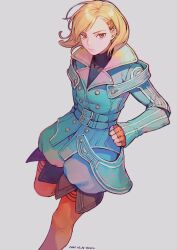 Rule 34 | 1other, akaneko (redakanekocat), artist name, belt, black shirt, blue belt, blue jacket, breasts, clenched hand, closed mouth, commentary, covered collarbone, dated, fingerless gloves, foot out of frame, gloves, gnosia, grey background, hair ornament, hairclip, highres, jacket, looking at viewer, multiple belts, orange eyes, orange gloves, setsu (gnosia), shirt, short hair, simple background, solo