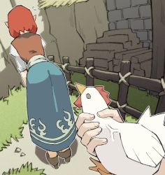 1girl anju_(zelda) ass bad_id bad_twitter_id bent_over bird blue_dress chicken commentary_request cucco dress euphemism facing_away fence flying_sweatdrops full_body high_heels highres nintendo outdoors outline pantsu-ripper pointy_ears red_hair sexually_suggestive short_hair short_sleeves spanish_commentary the_legend_of_zelda the_legend_of_zelda:_ocarina_of_time veins vest visual_pun white_outline