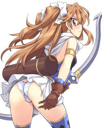 1girl armlet artemis_(shinrabanshou) artemis_phoebus ass blush bow bow_(weapon) breasts brown_eyes brown_gloves brown_hair eeeeee female_focus from_behind frown gloves hair_bow jewelry leaning_forward long_hair looking_back panties quiver red_eyes shinrabanshou shiny_skin side-tie_panties sideboob simple_background skirt solo sweatdrop thighhighs two_side_up underwear upskirt weapon white_background white_panties