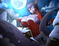 1girl 1other absurdres breasts christmas christmas_tree cloud cloudy_sky colored_skin commission covered_navel full_moon fur_trim giant giantess hair_spread_out highres huge_breasts indie_virtual_youtuber lamia long_hair monster_girl moon mountain purple_skin reindeer santa_costume scales shizeart size_difference sky snow tree very_long_tail vexoria_the_sun_eater virtual_youtuber vore winter wooden_house yellow_eyes