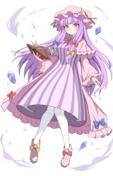 1girl absurdres blue_bow blue_gemstone blue_ribbon blush book boots bow breasts capelet closed_mouth collared_capelet commentary crescent crescent_hat_ornament crystal dress expressionless footwear_bow frilled_capelet frilled_robe frilled_sleeves frills full_body gem green_bow hair_bow hat hat_ornament hat_ribbon highres holding holding_book knees_together_feet_apart long_hair looking_at_viewer mob_cap multiple_hair_bows open_book open_clothes open_robe pantyhose patchouli_knowledge pink_boots pink_capelet pink_hat pink_robe purple_eyes purple_hair red_bow red_ribbon ribbon robe setteiset sidelocks simple_background solo sparkle striped_clothes striped_dress touhou vertical-striped_clothes vertical-striped_dress very_long_hair white_background white_pantyhose wide_sleeves yellow_bow