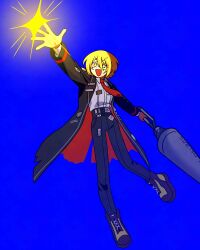 +_+ 11230kingyo 1girl :d absurdres black_coat black_pants black_shoes blonde_hair blue_background coat collared_shirt don_quixote_(project_moon) full_body highres holding holding_polearm holding_weapon limbus_company long_sleeves looking_at_viewer necktie open_mouth pants polearm project_moon red_necktie shirt shoes short_hair simple_background smile solo standing star_(symbol) weapon white_shirt yellow_eyes