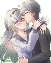 Rule 34 | 1boy, 1girl, absurdres, adobolaide, alternate costume, black hairband, black shirt, blush, caelus (honkai: star rail), closed mouth, collarbone, firefly (honkai: star rail), firefly (spring missive) (honkai: star rail), gradient hair, green hair, green nails, grey hair, hair between eyes, hair intakes, hairband, hand on another&#039;s waist, heart, highres, honkai: star rail, honkai (series), kiss, long hair, long sleeves, looking at another, multicolored hair, official alternate costume, one eye closed, pink hair, school uniform, serafuku, shirt, short hair, simple background, trailblazer (honkai: star rail), white background, yellow eyes