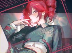 1girl ahoge belt black_background black_shirt blush brown_belt buttons character_name collared_shirt deog3ex drill_hair flat_chest grey_background grey_shirt grey_sky hair_between_eyes highres kasane_teto kasane_teto_(voicepeak) layered_skirt long_sleeves looking_at_viewer midriff_peek navel parted_lips red_eyes red_hair red_nails red_skirt shirt sideways_glance skirt sky solo sound_wave twin_drills upper_body utau voicepeak wing_collar