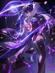 1girl arm_up artist_name back back_bow back_tattoo black_panties black_thighhighs blunt_bangs blurry blurry_background bow braid bridal_gauntlets cherry_blossoms commentary_request electricity emblem falling_petals from_side genshin_impact glowing glowing_petals glowing_sword glowing_weapon hair_flowing_over hair_ornament head_tilt highres holding holding_sword holding_weapon japanese_clothes katana kimono long_braid long_hair long_sleeves looking_to_the_side mitsudomoe_(shape) mole mole_under_eye multicolored_hair musou_isshin_(genshin_impact) panties petals pink_petals powering_up purple_background purple_eyes purple_hair purple_kimono raiden_shogun red_sash sash single_braid slashing solo standing streaked_hair sword tattoo thighhighs thighs tomoe_(symbol) tsugutoku underwear watermark weapon wide_sleeves