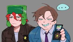 ... 2boys ahoge black_eyes blue_jacket brown_hair brown_jacket closed_mouth collared_shirt commentary curly_hair english_commentary eric_cartman evil_smile green_eyes green_hat grey_background hair_between_eyes hand_up hat holding holding_id_card id_card jacket kyle_broflovski lapels long_sleeves looking_afar male_focus multiple_boys necktie open_clothes open_jacket purple_necktie red_hair shirt sillymechi simple_background smile south_park speech_bubble spoken_ellipsis star_(symbol) star_print suit_jacket sweatdrop t-shirt teeth upper_body v-shaped_eyebrows white_shirt