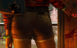 1girl ass ass_focus black_nails black_shorts blood blurry blurry_background cellphone close-up depth_of_field from_behind guweiz head_out_of_frame highres jacket long_sleeves nail_polish neon_lights original phone pocket red_jacket short_shorts shorts solo spike_ball tile_wall tiles