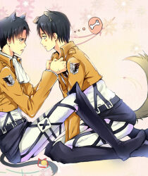 2boys anger_vein animal_ear_fluff animal_ears ascot bell belt belt_buckle black_belt black_footwear black_hair black_shorts blush_stickers bone boots bow brown_jacket buckle cat_boy cat_ears cat_tail clothes_grab collared_jacket commentary_request crest cropped_jacket dog_boy dog_ears dog_tail eren_yeager face-to-face floppy_ears foot_out_of_frame furrowed_brow gradient_background jacket jacket_grab kemonomimi_mode knee_boots knee_up kneeling layered_sleeves levi_(shingeki_no_kyojin) long_sleeves male_focus military_uniform motion_lines multiple_boys o-ring orange_background pants pants_under_shorts paradis_military_uniform parted_lips pink_background red_bow shingeki_no_kyojin shirt short_hair short_shorts shorts sitting speech_bubble spoken_object tail tail_bell tail_bow tail_ornament tail_wagging tanotomoe thick_eyebrows thought_bubble white_ascot white_pants white_shirt yaoi yellow_eyes