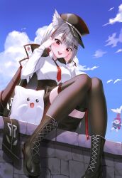 Rule 34 | 2girls, absurdres, akane lize, animal ears, black boots, black coat, black hat, black skirt, boots, brown thighhighs, cat ears, coat, coat on shoulders, collared shirt, commentary request, day, grey hair, hands up, hat, hayo (dydgk6664), highres, knee boots, korean commentary, lace-up boots, looking at viewer, maro (neneko mashiro), multicolored hair, multiple girls, necktie, neneko mashiro, open mouth, outdoors, peaked cap, pienna (akane lize), red eyes, shirt, short hair, skirt, smile, solo focus, stellive, streaked hair, thighhighs, white shirt, zettai ryouiki