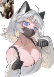 1girl ahoge animal_ear_fluff animal_ears black_gloves blue_eyes blunt_bangs blush breasts cat_ears cleavage collarbone commentary english_commentary gloves hair_intakes highres mae_algae mask mouth_mask original sleeves_past_wrists solo sweater upper_body white_background white_hair