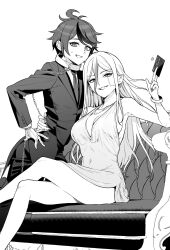 1boy 1girl 4oji344 ahoge chain chain_leash collar commentary couch credit_card dress femdom formal_clothes highres leash long_hair short_hair sleeveless sleeveless_dress suit sumino_takumi the_hundred_line_-last_defense_academy- v&#039;ehxness white_hair