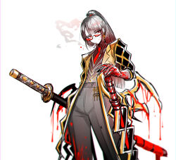 Rule 34 | 1girl, bespectacled, black hair, black pants, black shirt, black vest, blood, blood on face, bloody weapon, cigarette, claws, collared shirt, contempt awe (e.g.o), cosplay, e.g.o (project moon), earrings, glasses, hand on hilt, high ponytail, highres, jacket, jewelry, jia huan (project moon), jia huan (project moon) (cosplay), limbus company, long hair, misg1111, necktie, pants, ponytail, project moon, red eyes, red necktie, ryoshu (project moon), sheath, sheathed, shirt, simple background, smoke, smoking, solo, standing, vest, weapon, white background, wing collar, yellow jacket