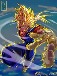 Rule 34 | 1boy, aura, blonde hair, blue pants, blue sash, blue shirt, dougi, dragon ball, dragonball z, earrings, full body, gloves, green eyes, highres, jewelry, male focus, orange shirt, pants, potara earrings, ryo lovevegito, sash, shirt, solo, spiked hair, super saiyan, super saiyan 1, twitter username, vegetto, white gloves