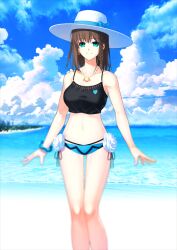 1girl aotsuki_takao aqua_eyes arms_at_sides bare_arms bare_legs bare_shoulders beach bikini black_bikini blue_bikini blue_bow blue_ribbon blue_sky blurry bow bracelet braid braided_sidelock breasts brown_hair charlotte_corday_(fate) charlotte_corday_(swimsuit_caster)_(fate) charlotte_corday_(swimsuit_caster)_(first_ascension)_(fate) closed_mouth cloud collarbone day earrings fate/grand_order fate_(series) feet_out_of_frame flower game_cg gluteal_fold gold_earrings hat hat_bow hat_ribbon hoop_earrings horizon jewelry large_breasts legs_together looking_at_viewer medium_hair mismatched_bikini multi-strapped_bikini_bottom navel ocean official_art outstretched_hand pendant ribbon side-tie_bikini_bottom sidelocks single_braid sky smile solo spaghetti_strap standing stomach sun_hat swimsuit thigh_gap third-party_source variant_set white_flower white_hat