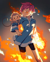 Rule 34 | 1girl, :i, animal, animal on shoulder, bike shorts, blue dress, commentary request, dress, earrings, fire, hand on own hip, hood, hood down, hooded dress, jewelry, kumatora, long sleeves, looking at viewer, monkey, mother (series), mother 3, nintendo, pink hair, salsa (mother), shifumame, short hair, shorts, simple background, smile, sparkle