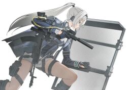 1girl alva_(girls&#039;_frontline_2) an-94_(girls&#039;_frontline) black_capelet black_gloves blue_eyes capelet closed_mouth commentary commission english_commentary expressionless girls&#039;_frontline girls&#039;_frontline_2:_exilium gloves gun handgun highres holster long_hair maxturbo69 ponytail shield shorts simple_background solo thigh_holster trigger_discipline weapon weapon_request white_background white_hair white_shorts