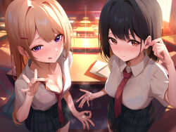 2girls :p after_handjob black_hair blonde_hair blue_bra blush bra bra_visible_through_clothes breasts brown_eyes chair cleavage closed_mouth collared_shirt commentary_request desk dress_shirt grey_skirt hair_behind_ear hair_intakes highres indoors maeshimashi medium_breasts multiple_girls necktie original plaid_clothes plaid_necktie plaid_skirt pleated_skirt purple_bra purple_eyes red_necktie school_chair school_desk school_uniform see-through_clothes sexually_suggestive shirt skirt smile standing suggestive_fluid sunlight sunset tongue tongue_out tucking_hair underwear white_shirt window