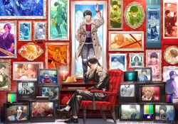 1010_mumumu 1boy armchair black_hair black_jacket black_pants black_shoes black_suit chair copyright_request crossed_legs formal_clothes from_side hair_over_one_eye hat head_rest highres indoors inukai_atsuhiro jacket long_sleeves looking_at_viewer looking_to_the_side mahjong mahjong_tile male_focus multiple_views painting_(object) pants real_life shoes sitting socks suit television unworn_hat unworn_headwear white_socks