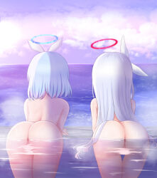 2girls arona_(blue_archive) ass back blue_archive blue_hair blue_halo cloud commentary_request completely_nude convenient_censoring day facing_away from_behind grey_hair hair_ribbon halo highres horizon loli long_hair michou multiple_girls nude ocean onsen outdoors pink_hair plana_(blue_archive) purple_sky ribbon sky very_long_hair water white_ribbon