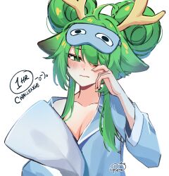 1girl animal_ears antlers blue_pajamas blush breasts cleavage deer_ears double_bun eye_mask green_hair hair_bun haruka_karibu haruka_karibu_(2nd_costume) haruka_karibu_(comfy) highres holding holding_pillow horns looking_at_viewer medium_breasts one_eye_closed pajamas pillow reindeer_antlers reindeer_girl ryuriia sidelocks sleep_mask solo virtual_youtuber vshojo