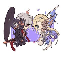 Rule 34 | 2boys, :&lt;, :d, antonio salieri (fate), antonio salieri (festival outfit) (fate), ascot, black boots, black coat, black mask, black pants, black wings, blonde hair, boots, bow, bowtie, burning clothes, chibi, chibi only, chinese commentary, closed mouth, coat, commentary request, curtained hair, eyes visible through hair, fang, fate/grand order, fate (series), feathered wings, full body, gloves, green eyes, grey hair, hair between eyes, hair intakes, half mask, hand on own hip, hand up, highres, holding, holding sword, holding weapon, lapels, long hair, long sleeves, looking at another, looking at viewer, male focus, mask, multiple boys, multiple wings, notched lapels, open mouth, outstretched arm, pants, parted bangs, purple background, red ascot, red eyes, shirt, shoes, short hair, simple background, smile, sword, thick eyebrows, traditional bowtie, two-tone background, very long hair, weapon, white background, white coat, white gloves, white pants, white shirt, white shoes, wings, wolfgang amadeus mozart (fate), wolfgang amadeus mozart (fgo fes. 2025) (fate), xiodng284990, yellow bow, yellow bowtie