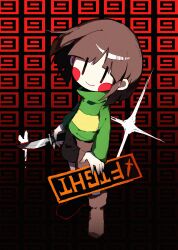 1other ankle_boots black_background bob_cut boots brown_boots brown_hair brown_shorts chara_(undertale) circle_facial_mark closed_mouth deformed film_grain full_body gameplay_mechanics gradient_background heart highres holding holding_knife knife long_sleeves medium_hair melvi0 other_focus shorts simple_background smile solo sparkle striped_clothes striped_sweater sweater turtleneck turtleneck_sweater two-tone_sweater undertale yellow_sweater |_|