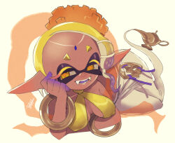 1girl alternate_species arm_rest breasts cheek_rest covered_erect_nipples criss-cross_halter dissolving elbow_rest fangs forehead forehead_jewel frye_(deep_cut_outfit)_(splatoon) frye_(splatoon) full_body genie hagoromo halterneck hand_on_own_arm hand_on_own_cheek hand_on_own_face hanging_breasts isamu-ki_(yuuki) looking_to_the_side lying medium_breasts nintendo oil_lamp on_side open_mouth orange_shawl pants see-through_clothes see-through_shawl shawl sideways_glance signature simple_background solo splatoon_(series) splatoon_3 triangle_nose twisted_torso white_background white_pants