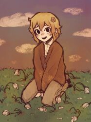1boy alternate_costume alternate_eye_color basil_(faraway)_(omori) basil_(omori) black_eyes blonde_hair brown_pants collared_shirt flower hair_flower hair_ornament highres long_sleeves looking_at_viewer male_focus omori open_mouth ottie_pops outdoors pants seiza shirt short_hair sitting smile solo sweat tulip white_flower white_shirt white_tulip
