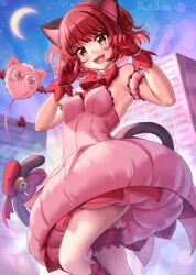 1girl 1other animal_ears armpits blush bow breasts building cat_ears cat_girl cat_tail crescent_moon dress fangs frilled_thigh_strap gloves heart highres masha_(tokyo_mew_mew) medium_breasts mew_ichigo momomiya_ichigo moon open_mouth orange_eyes pattikou paw_pose pink_dress pink_fur red_bow red_gloves red_hair short_hair smile strapless strapless_dress tail thigh_strap tokyo_mew_mew tokyo_mew_mew_new