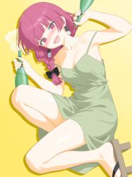 Rule 34 | 1girl, @ @, absurdres, armpits, bare legs, black bow, blunt bangs, blush, bocchi the rock!, bottle, bow, braid, braided ponytail, breasts, cleavage, collarbone, commentary, double strap slip, dress, earrings, fingernails, full body, geta, hair bow, highres, hiroi kikuri, holding, holding bottle, jewelry, long hair, majikichi915, medium breasts, nail polish, nose blush, on one knee, red eyes, red hair, sake bottle, sharp teeth, sleeveless, sleeveless dress, smile, solo, teeth