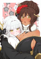 2girls 777_(nikke) animal_ears black_bow black_kimono blanc_(nikke) blanc_(white_rabbit)_(nikke) blunt_bangs blush border bow breast_pillow breasts brown_hair cleavage closed_mouth commentary_request dark-skinned_female dark_skin dated detached_collar fake_animal_ears fake_horns floral_background flower frills fur_collar goddess_of_victory:_nikke hair_between_eyes hair_flower hair_ornament head_on_chest highres holding horns huge_breasts japanese_clothes kimono large_breasts long_sleeves looking_at_viewer multiple_girls niki_(nikism1987) noir_(black_rabbit)_(nikke) noir_(nikke) open_mouth outside_border red_flower siblings sideboob sidelocks signature sisters two-tone_kimono upper_body white_border white_hair white_kimono yellow_eyes
