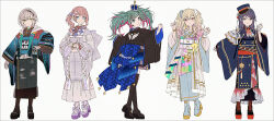 5girls adapted_costume ano_hi_sora_wa_tookatta_(project_sekai) bangle black_boots black_hair black_hairband black_hat black_kimono black_pantyhose blonde_hair blue_boots blue_eyes blue_jacket blue_kimono boots bow bracelet brown_hair closed_mouth crescent crown frilled_sleeves frills gloves gradient_hair green_eyes green_hair grey_background grey_eyes grey_gloves hair_bow hair_ornament hairband hakusai_(tiahszld) halftone hand_up hands_up hat hatsune_miku heart heart_hair_ornament high_heels highres hinomori_shiho hoshino_ichika_(project_sekai) jacket japanese_clothes jewelry kimono lace-up_boots leo/need_(project_sekai) leo/need_miku live_with_memories_(project_sekai) long_hair long_sleeves mini_crown mochizuki_honami multicolored_hair multiple_girls obi open_clothes open_jacket own_hands_together pantyhose peaked_cap pinching_sleeves pink_hair platform_boots platform_heels project_sekai purple_hair purple_kimono purple_shoes red_eyes revision safety_pin sash shoes short_kimono simple_background sleeves_past_wrists smile standing star_(symbol) streaked_hair swept_bangs tenma_saki thigh_boots tilted_headwear twintails unnamed_harmony_(project_sekai) vocaloid white_pantyhose wide_sleeves wrist_cuffs yureru_mama_demo_kimi_wa_mae_e_(project_sekai)