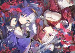 2girls absurdres azur_lane bare_shoulders black_gloves blue_eyes bodystocking breasts bridal_gauntlets chao_ho_(azur_lane) cleavage cone_hair_bun dress flower gloves gold_hairband hair_bun hairband highres large_breasts long_hair looking_at_viewer looking_up lying multicolored_hair multiple_girls on_back purple_dress purple_eyes purple_hair red_flower red_hair siblings sisters split-color_hair two-tone_hair very_long_hair viola1587 water white_hair ying_swei_(azur_lane)
