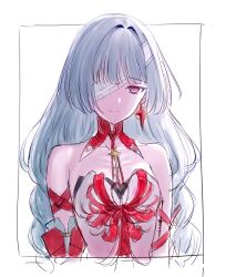 1girl bandage_over_one_eye bare_shoulders braid breasts closed_mouth collarbone commentary_request earrings grey_hair highres jewelry light_smile long_hair looking_at_viewer low_twin_braids medium_breasts phrolova_(wuthering_waves) red_eyes sbs solo tacet_mark_(wuthering_waves) twin_braids wuthering_waves