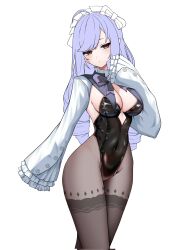 Rule 34 | 1girl, ahoge, alternate costume, black leotard, breasts, brown pantyhose, corrupted twitter file, covered navel, cowboy shot, drill hair, headdress, highleg, highleg leotard, highres, kushinaka, leotard, long hair, long sleeves, looking at viewer, medium breasts, mole, mole under eye, pantyhose, pointy ears, purple hair, red eyes, shrug (clothing), simple background, sleeves past fingers, sleeves past wrists, solo, twin drills, unfinished, vivian banshee, white background, white shrug, zenless zone zero