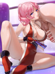 Rule 34 | 1boy, 1girl, absurdres, alternate hairstyle, anus, ass, backless outfit, bar censor, bare shoulders, blue eyes, blush, boxing ring, breasts, censored, cleavage, clothed female nude male, collarbone, commission, commissioner upload, cosplay, erection, face in ass, fatal fury, folded fan, folding fan, hair ornament, hand fan, highres, holding, holding fan, japanese clothes, kimono, large breasts, ninja, nironiro, nude, obi, paper fan, pelvic curtain, penis, pink hair, pink lips, pixiv commission, ponytail, red kimono, red shoes, revealing clothes, saigyouji yuyuko, sash, shiranui mai, shiranui mai (cosplay), shoes, short hair, short ponytail, sleeveless, sleeveless kimono, smile, snk, spread legs, testicles, the king of fighters, touhou, triangular headpiece, veins, veiny penis, wrist guards