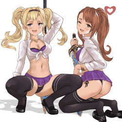 2girls american_school_uniform amesuku_gyaru artist_logo ass asymmetrical_bangs bangle beatrix_(granblue_fantasy) bikini_tan black_footwear black_hairband black_legwear black_panties blonde_hair blue_eyes blush bracelet braid breasts brown_hair cleavage cropped_shirt crown_braid front-tie_shirt full_body g-string granblue_fantasy grey_eyes gyaru hairband heart heart-shaped_pupils highres holding holding_polearm holding_spear holding_sword holding_weapon iiros jewelry kneeling kogal licking_lips logo long_hair long_sleeves looking_at_viewer mary_janes microskirt multiple_girls naughty_face navel one_eye_closed open_mouth panties pantyshot petite pole_dancing polearm popped_collar purple_skirt school_uniform shirt shoes side-tie_panties skirt small_breasts spear squatting sword symbol-shaped_pupils tan tanline thighhighs thong tied_shirt tongue tongue_out twintails underwear weapon white_background white_shirt zeta_(granblue_fantasy)