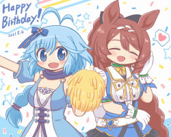 Rule 34 | 2girls, animal ears, antenna hair, bad id, bad twitter id, blue dress, blue eyes, blue hair, blush, bow, braid, braided ponytail, breasts, brown hair, closed eyes, confetti, cosplay, costume switch, dated, detached sleeves, dress, fang, gloves, happy birthday, heart, horse ears, horse girl, large breasts, long hair, looking at viewer, magia record: mahou shoujo madoka magica gaiden, mahou shoujo madoka magica, multiple girls, open mouth, pom pom (cheerleading), reverse (bluefencer), smile, spoken heart, super creek (umamusume), super creek (umamusume) (cosplay), umamusume, utsuho natsuki, utsuho natsuki (cosplay), white gloves
