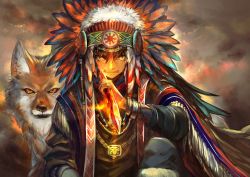 1boy animal boots bracelet brown_hair cloak closed_mouth cloud cloudy_sky crystal feathers fur-trimmed_boots fur-trimmed_headwear fur_trim glowing glowing_weapon hair_between_eyes hat hat_feather holding holding_weapon injury jewelry male_focus necklace nightmare-kck original ring scratches sky tribal weapon
