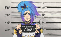 1girl akali barbie_mugshot_(meme) bare_shoulders black_gloves black_nails character_name detached_sleeves english_text fingerless_gloves gloves hair_ornament height_chart height_mark holding holding_sign league_of_legends littlby_(badwoolf) meme mugshot nail_polish ponytail sideways_glance sign solo standing star_guardian_akali teeth