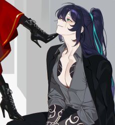 1boy 1girl arm_tattoo black_jacket black_pantyhose blush boots chest_tattoo collared_shirt femdom gold_trim grey_background grey_shirt hair_ribbon hetero heterochromia high_heels highres hong_lu_(project_moon) irezumi jacket jacket_on_shoulders kurokumo_clan_(identity)_(project_moon) lace-up_boots limbus_company long_hair long_skirt looking_up moony_(past_desiderium) oc_x_canon on_floor open_mouth out_of_frame own_hands_together pants pantyhose past_desiderium pectoral_cleavage pectorals project_moon red_skirt ribbon role_reversal scar scar_across_eye scar_on_face shirt sidelocks skirt sleeves_rolled_up smile stiletto_heels tattoo toned toned_male