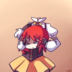 1girl cosplay crossover daigada detached_sleeves dullahan female_focus fingerless_gloves gloves headless holding_detached_head mahou_shoujo_madoka_magica mahou_shoujo_madoka_magica_(anime) mami_mogu_mogu nukekubi parody puffy_sleeves red_hair sekibanki short_sleeves simple_background skirt solo spoilers tomoe_mami tomoe_mami_(cosplay) tomoe_mami_(magical_girl) touhou trait_connection