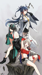 3girls absurdres arknights black_hair blue_eyes blue_hair dragon_girl dragon_horns dusk_(arknights) forutaro gradient_skin green_hands green_horns hair_over_one_eye highres horns ling_(arknights) looking_at_viewer multicolored_hair multiple_girls nian_(arknights) pointy_ears purple_eyes red_eyes streaked_hair white_hair
