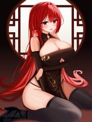 1girl absurdres bare_hips bare_shoulders black_thighhighs borrowed_character breasts china_dress chinese_clothes cleavage cleavage_cutout clothing_cutout detached_sleeves dress groin high_heels highres large_breasts long_hair ody_kishi original pelvic_curtain red_eyes red_hair shiny_skin skindentation tagme thick_thighs thighhighs thighs very_long_hair